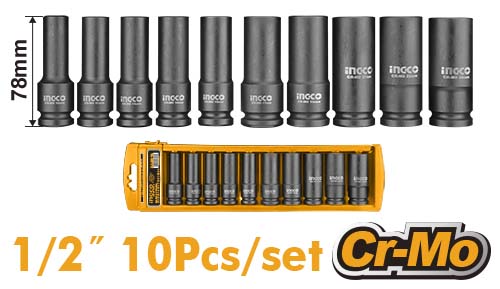 INGCO 10 Pcs 1/2" deep impact socket set HKISSD12102L